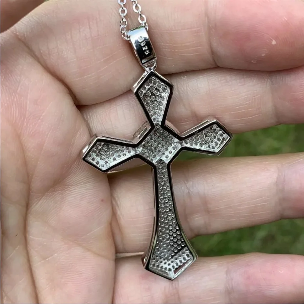 New Women’s Men 925 Silver Big Cross Diamond Necklace - Picture 5 of 7
